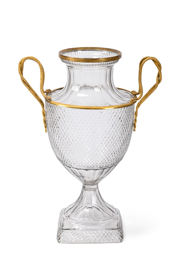 A NORTH EUROPEAN ORMOLU MOUNTED CUT GLASS TWIN HANDLED VASE, PROBABLY SWEDISH, EARLY 19TH CENTURY (1 of 5)
