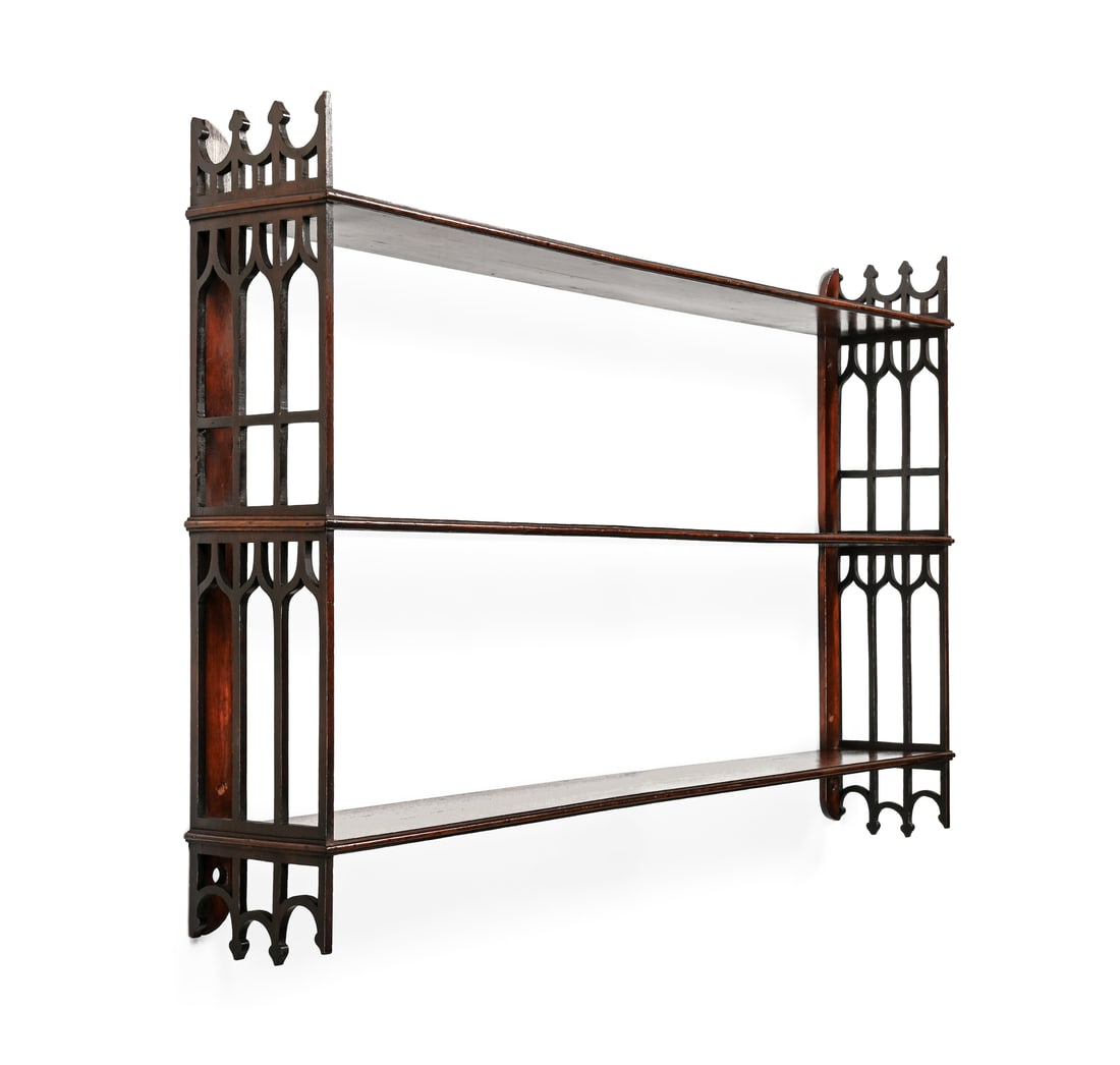 A FLIGHT OF GEORGE III MAHOGANY AND FRET CARVED HANGING SHELVES, CIRCA 1800 (1 of 3)