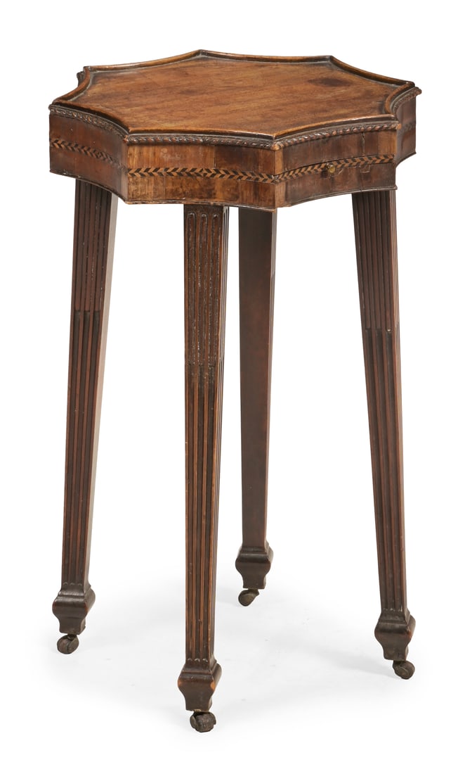 A FINE GEORGE III CARVED MAHOGANY AND CHEQUERBANDED URN OR KETTLE STAND, CIRCA 1770: A FINE GEORGE III CARVED MAHOGANY AND CHEQUERBANDED URN OR KETTLE STANDCIRCA 1770With a concave sided octagonal top and a candle slide54cm high, 33.5cm wide, 33.5cm deepProvenance:The Property of Geof