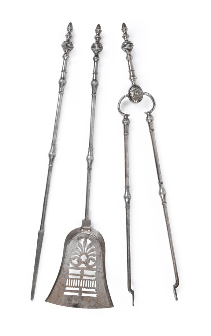 A SET OF THREE GEORGE III ENGRAVED STEEL FIRE TOOLS, LATE 18TH OR EARLY 19TH CENTURY (1 of 2)