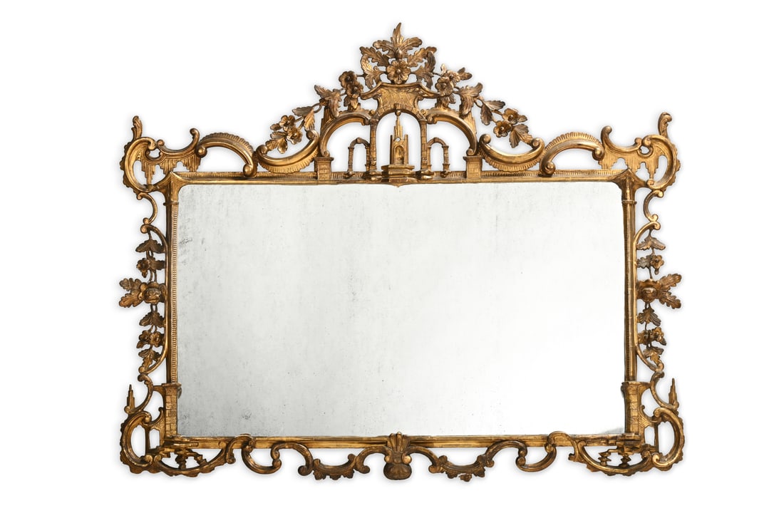 A LARGE GEORGE III CARVED GILTWOOD OVERMANTEL MIRROR, IRISH, LATE 18TH OR EARLY 19TH CENTURY (1 of 2)