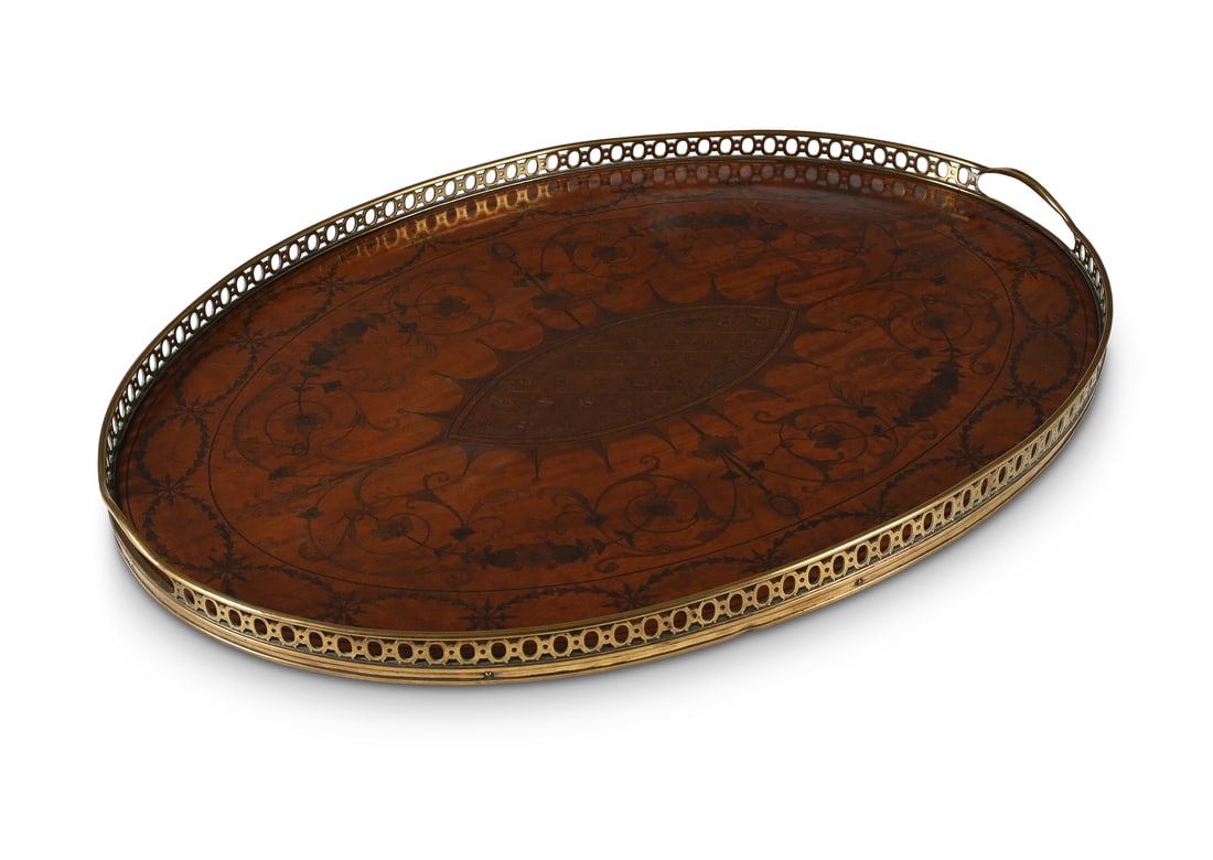A GEORGE III SATINWOOD, MARQUETRY AND BRASS MOUNTED TRAY, IN THE MANNER OF INCE & MAYHEW, CIRCA 1800 (1 of 2)