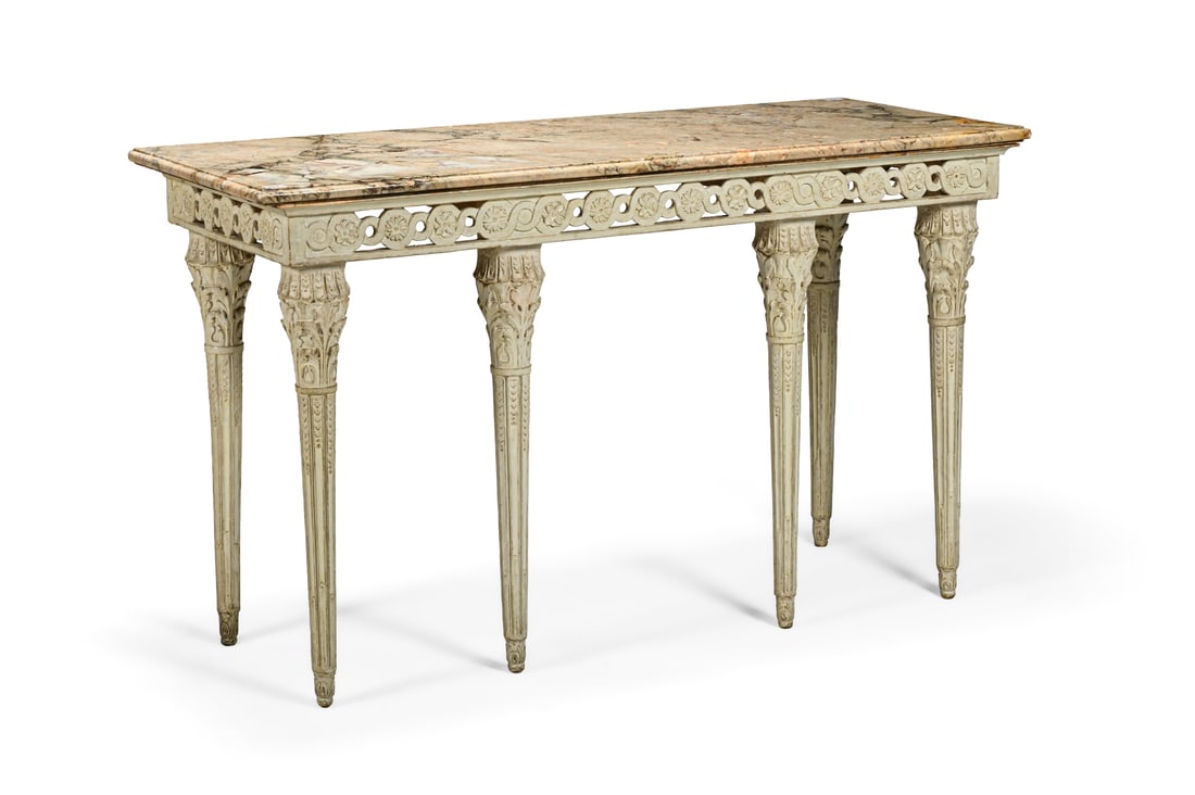 AN ITALIAN CARVED AND GESSO PAINTED NEO-CLASSICAL CONSOLE TABLE, EARLY 19TH CENTURY AND LATER (1 of 4)