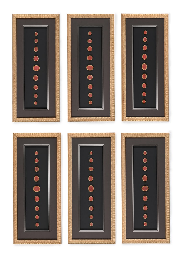 A SET OF SIX GRAND TOUR FRAMED WAX INTAGLIOS, 19TH CENTURY: A SET OF SIX GRAND TOUR FRAMED WAX INTAGLIOS 19TH CENTURY Each with giltwood frame enclosing nine intaglios the giltwood frames 60cm high, 26.5cm wide