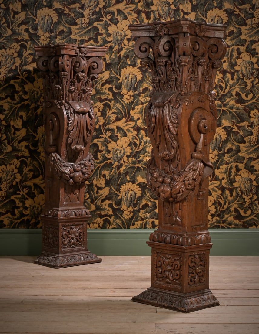 A LARGE PAIR OF CHARLES II CARVED OAK COLUMNS, CIRCA 1680 (1 of 4)