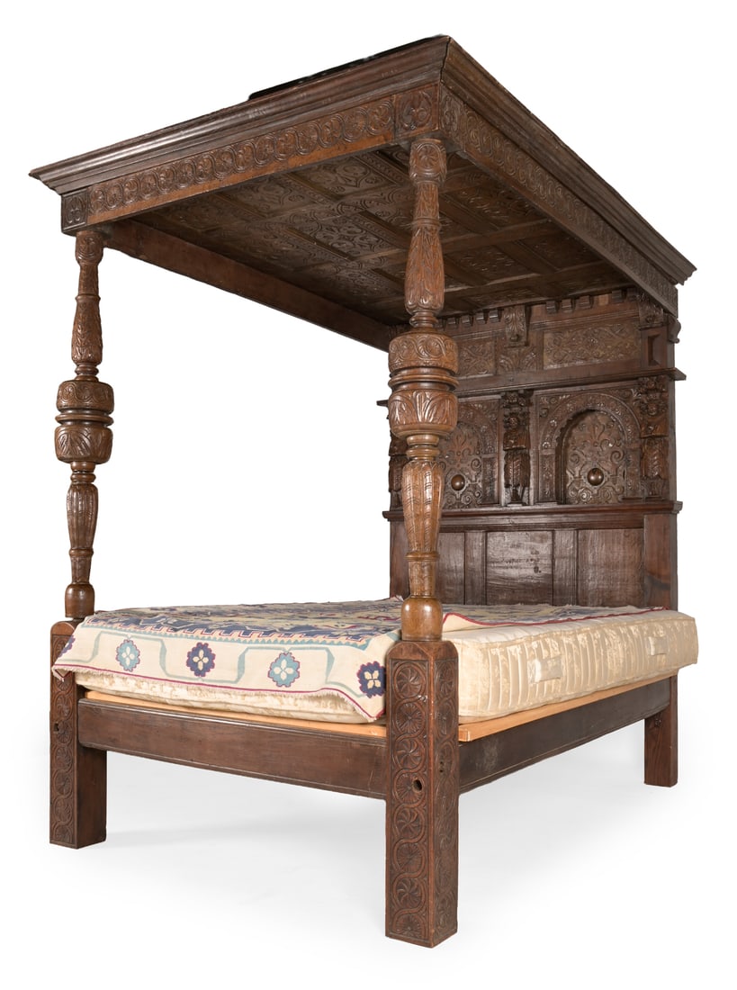 A CARVED OAK TESTER BED, FIRST HALF 17TH CENTURY AND LATER (1 of 7)