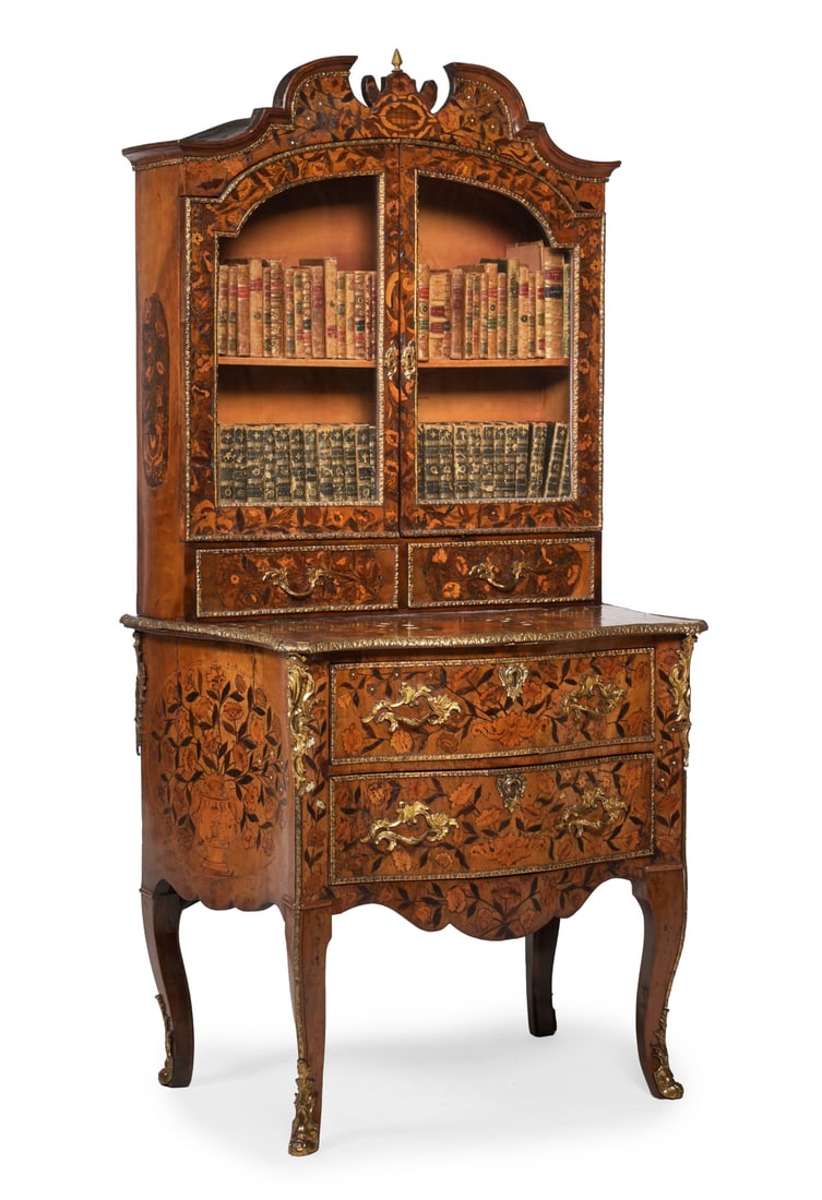 Y A DUTCH WALNUT AND SPECIMEN MARQUETRY DISPLAY CABINET ON CHEST, LATE 18TH OR EARLY 19TH CENTURY: Y A DUTCH WALNUT AND SPECIMEN MARQUETRY DISPLAY CABINET ON CHESTLATE 18TH OR EARLY 19TH CENTURYWith gilt metal mounts throughout155cm high, 77cm wide, 50cm deepPlease note, Dreweatts have applied for 