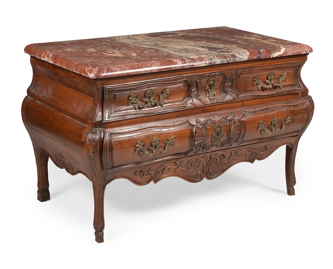 A RÉGENCE WALNUT AND ROSSO LEVANTO MARBLE COMMODE, CIRCA 1720 (1 of 3)