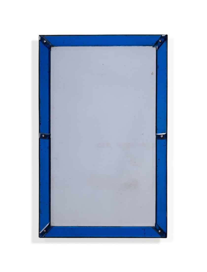 A BLUE GLASS MARGINAL FRAMED MIRROR, EARLY 20TH CENTURY: A BLUE GLASS MARGINAL FRAMED MIRROREARLY 20TH CENTURY84cm high, 54cm wide