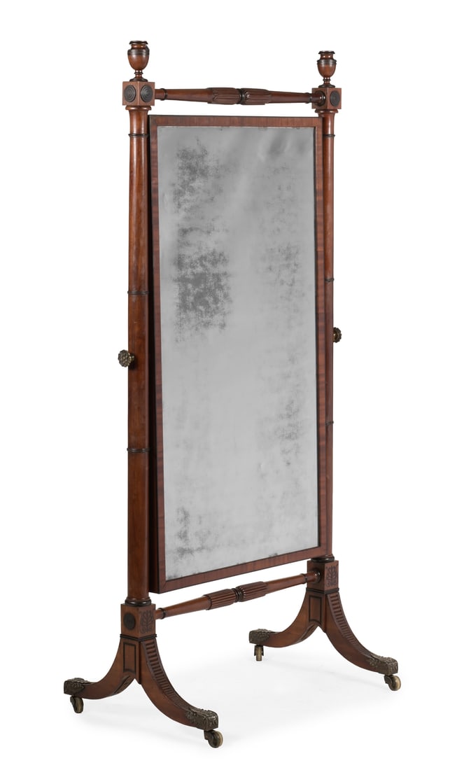 Y A REGENCY MAHOGANY AND EBONY CHEVAL MIRROR, ATTRIBUTED TO GILLOWS, CIRCA 1820: Y A REGENCY MAHOGANY AND EBONY CHEVAL MIRRORATTRIBUTED TO GILLOWS, CIRCA 1820178.5cm high, 84.5cm wide, 53.5cm deep ϒ Indicates that this lot may be subject to CITES regulations when exported. Th