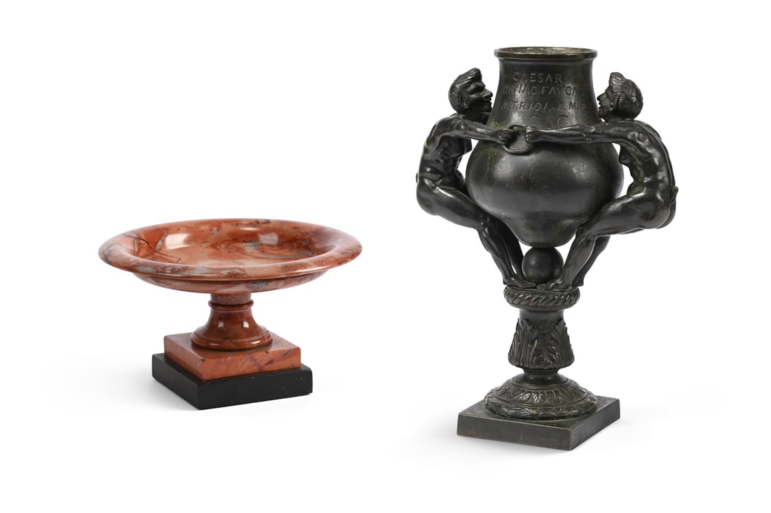 A GRAND TOUR ROSSO MARBLE TAZZA, 19TH CENTURY: A GRAND TOUR ROSSO MARBLETAZZA 19TH CENTURY Of dished circular form on a pedestal base, with a polished black plinth 10.5cm high, the top 18.3cm diameterTOGETHER WITH A PATINATED BRONZE URN19TH CENTUR
