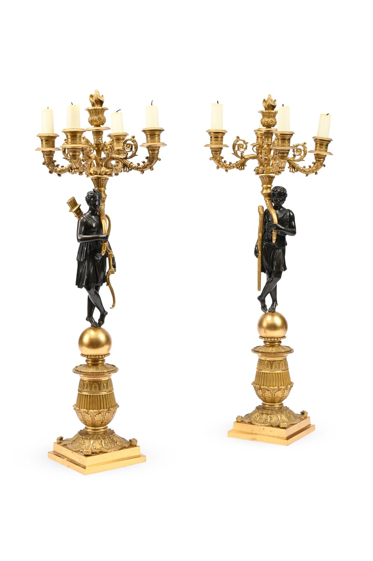 AFTER PIERRE-PHILIPPE THOMIRE, A PAIR OF EMPIRE GILT AND PATINATED BRONZE FIGURAL CANDELABRA (1 of 4)