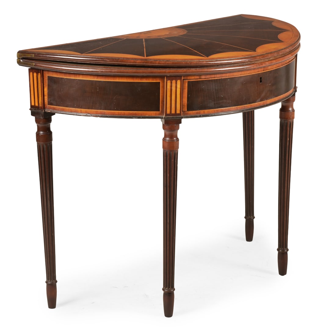 A GEORGE III MAHOGANY, HAREWOOD AND SATINWOOD CARD TABLE, IN THE MANNER OF INCE & MAYHEW, CIRCA 1800 (1 of 4)