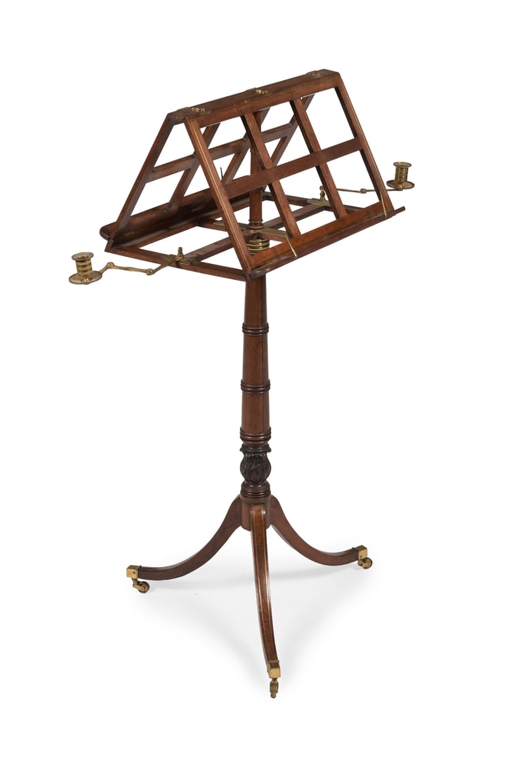 A REGENCY MAHOGANY MUSIC DUET STAND, CIRCA 1815: A REGENCY MAHOGANY MUSIC DUET STAND CIRCA 1815With brass hinged candle arms 115cm high, 50cm wide, 38cm deep