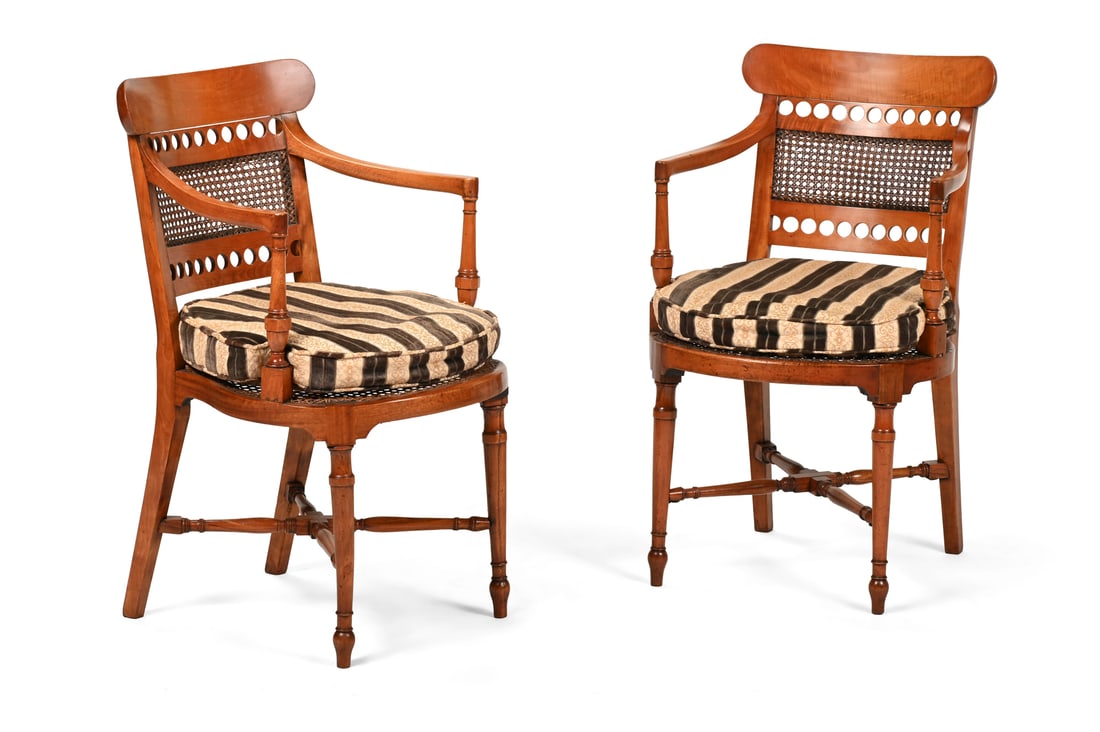A PAIR OF GEORGE III SOLID SATINWOOD 'MUSIC ROOM' ARMCHAIRS, LATE 18TH OR EARLY 19TH CENTURY (1 of 2)