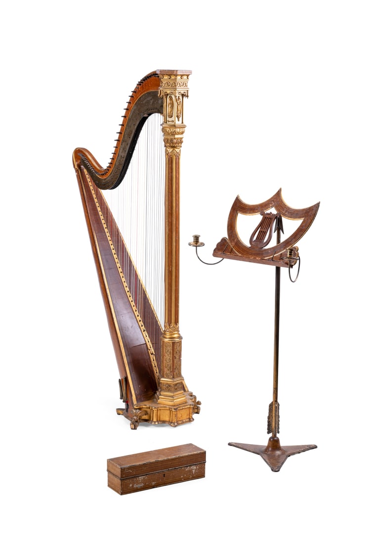 Y A WILLIAM IV BIRD'S EYE MAPLE, GILTWOOD, GESSO AND LEATHER GOTHIC HARP, BY PIERRE ÉRARD,: Y A WILLIAM IV BIRD'S EYE MAPLE, GILTWOOD, GESSO AND LEATHER GOTHIC HARP BY PIERRE ÉRARD, DATED 1835 The neck engraved ‘Sebastian & Pierre Érard's Patent No 6520, 18 Gre