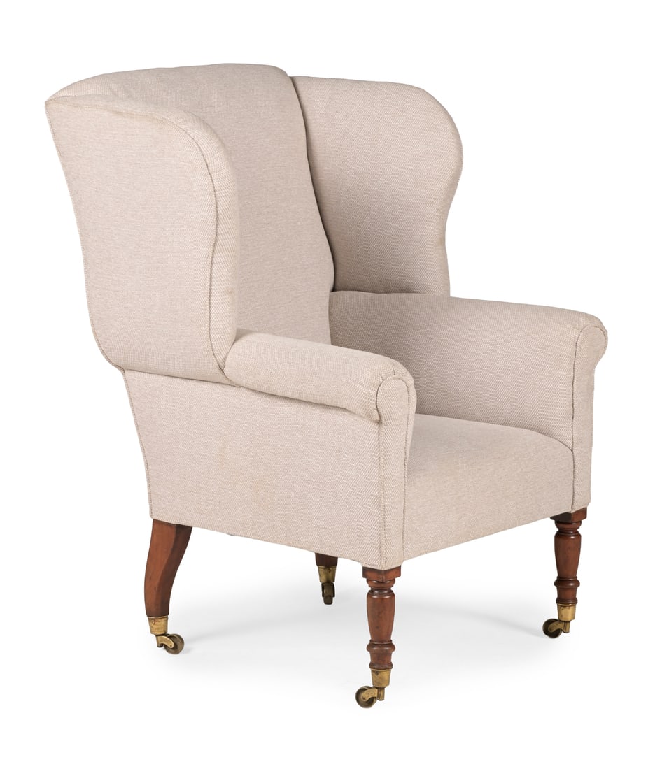 A REGENCY MAHOGANY AND UPHOLSTERED WING ARMCHAIR, CIRCA 1815 (1 of 3)