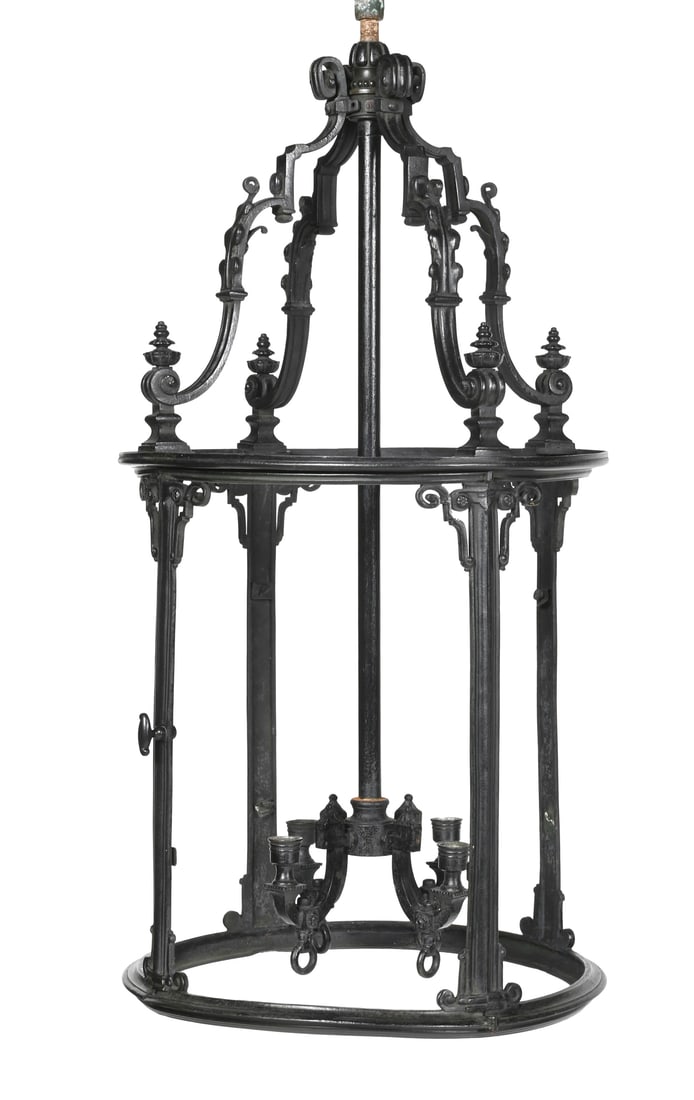 A BRONZE HALL LANTERN, 19TH CENTURY: A BRONZE HALL LANTERN 19TH CENTURY With one pane of shaped glass, the others unglazed, with a hinged door 88cm high, 43cm diameter