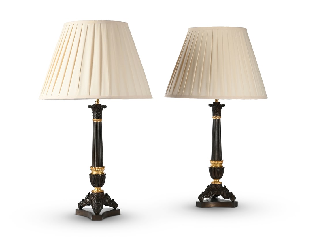 A PAIR OF FRENCH GILT AND PATINATED BRONZE 'HERCULANEUM' CANDLESTICK TABLE LIGHTS, MID 19TH CENTURY (1 of 2)