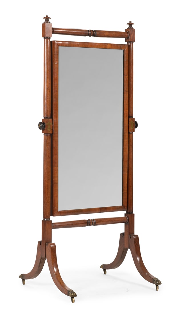 Y A REGENCY MAHOGANY AND BRASS INLAID CHEVAL MIRROR, CIRCA 1815 (1 of 3)