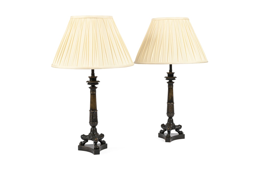 A PAIR OF BRONZE TRIFORM TABLE LIGHTS, EARLY 19TH CENTURY (1 of 3)