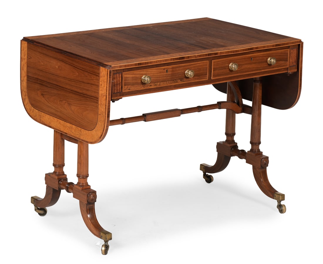 Y A REGENCY ROSEWOOD, KINGWOOD AND BURR MAPLE BANDED SOFA TABLE, CIRCA 1815 (1 of 4)