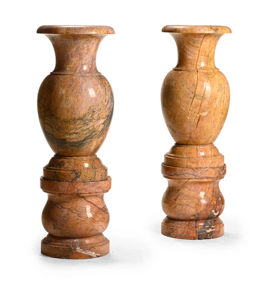 A LARGE PAIR OF MARBLE URNS ON PEDESTALS, CONTEMPORARY (1 of 3)