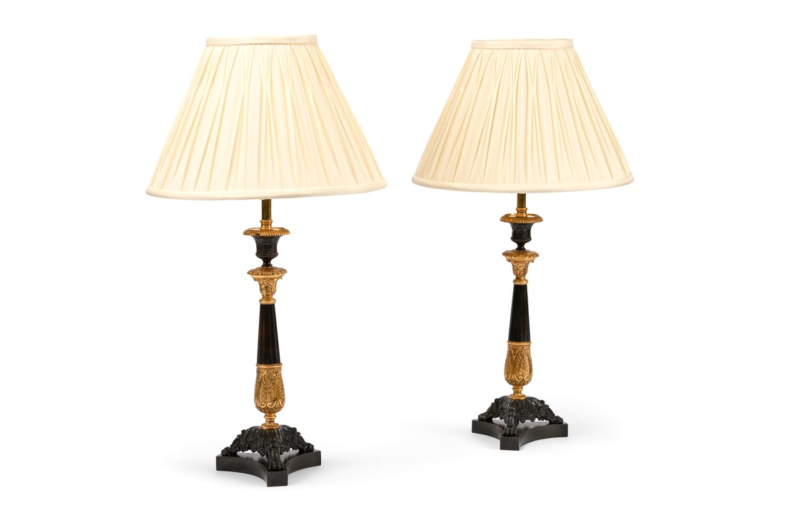 A PAIR OF BRONZE AND GILT CANDLESTICK TABLE LIGHTS, CIRCA 1830 (1 of 2)