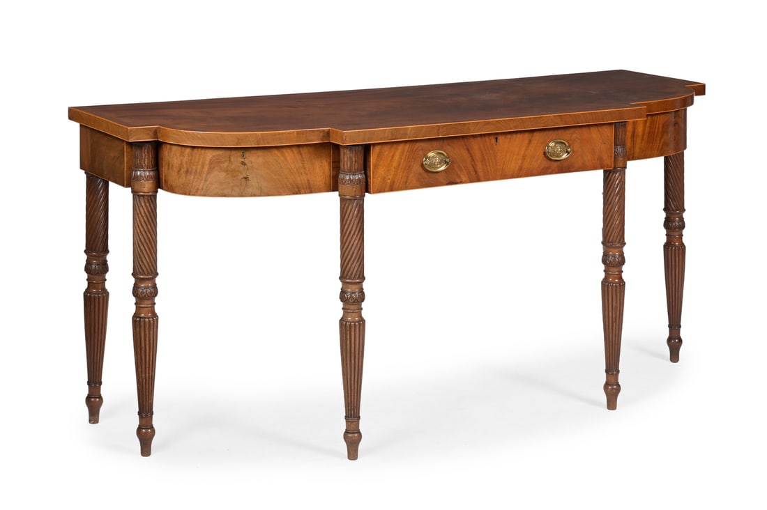 Y A GEORGE IV MAHOGANY, SATINWOOD AND EBONY STRUNG SIDEBOARD, IN THE MANNER OF GILLOWS, CIRCA 1825 (1 of 4)