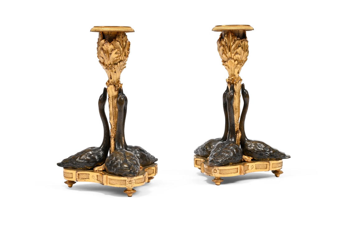 A PAIR OF GILT AND PATINATED BRONZE SWAN CANDLESTICKS, CIRCA 1840 (1 of 4)