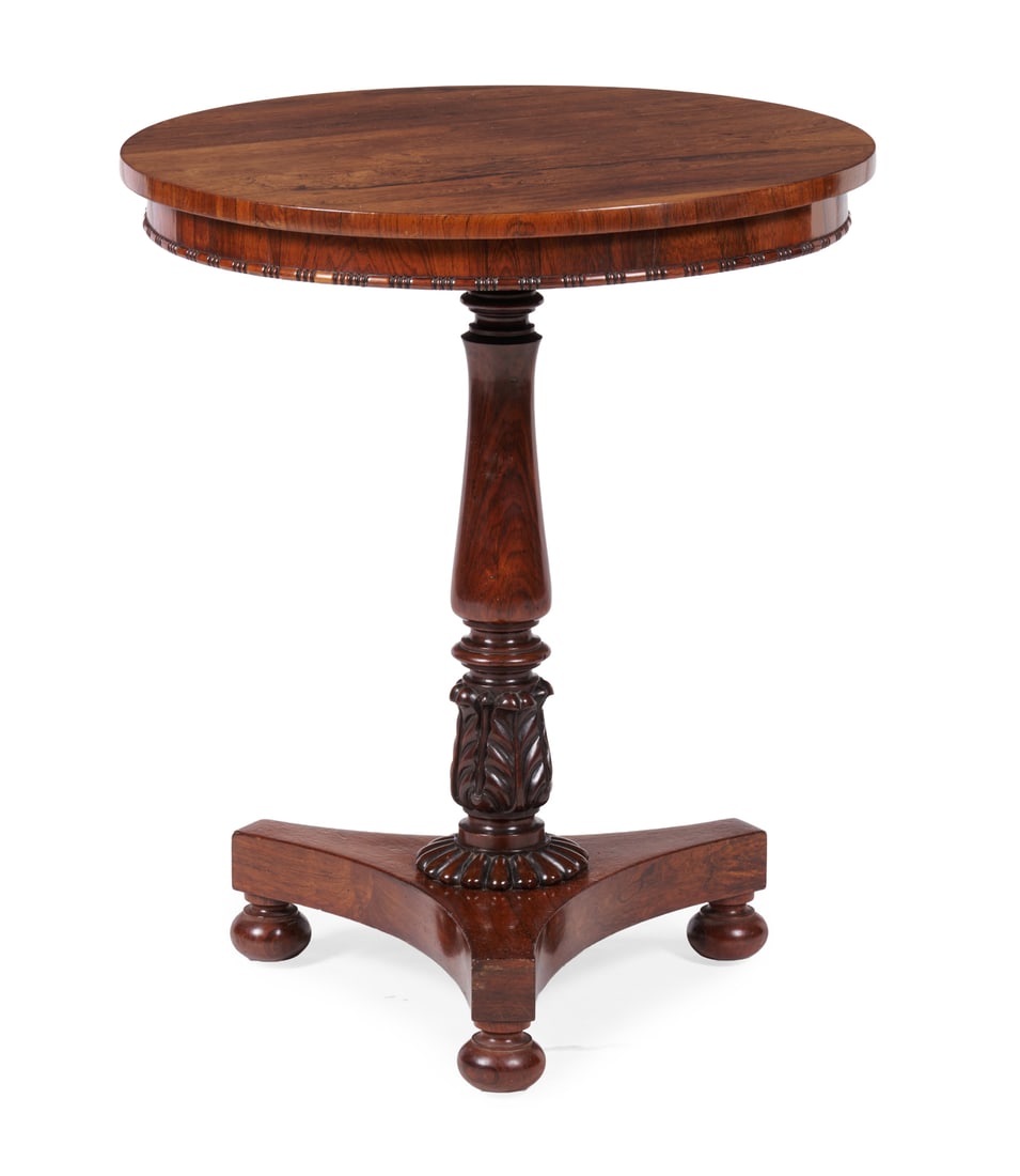 Y A GEORGE IV ROSEWOOD OCCASIONAL TABLE, IN THE MANNER OF GILLOWS, CIRCA 1825: Y A GEORGE IV ROSEWOOD OCCASIONAL TABLEIN THE MANNER OF GILLOWS, CIRCA 182571.5cm high, the top 60cm diameter ϒ Indicates that this lot may be subject to CITES regulations when exported. The impo