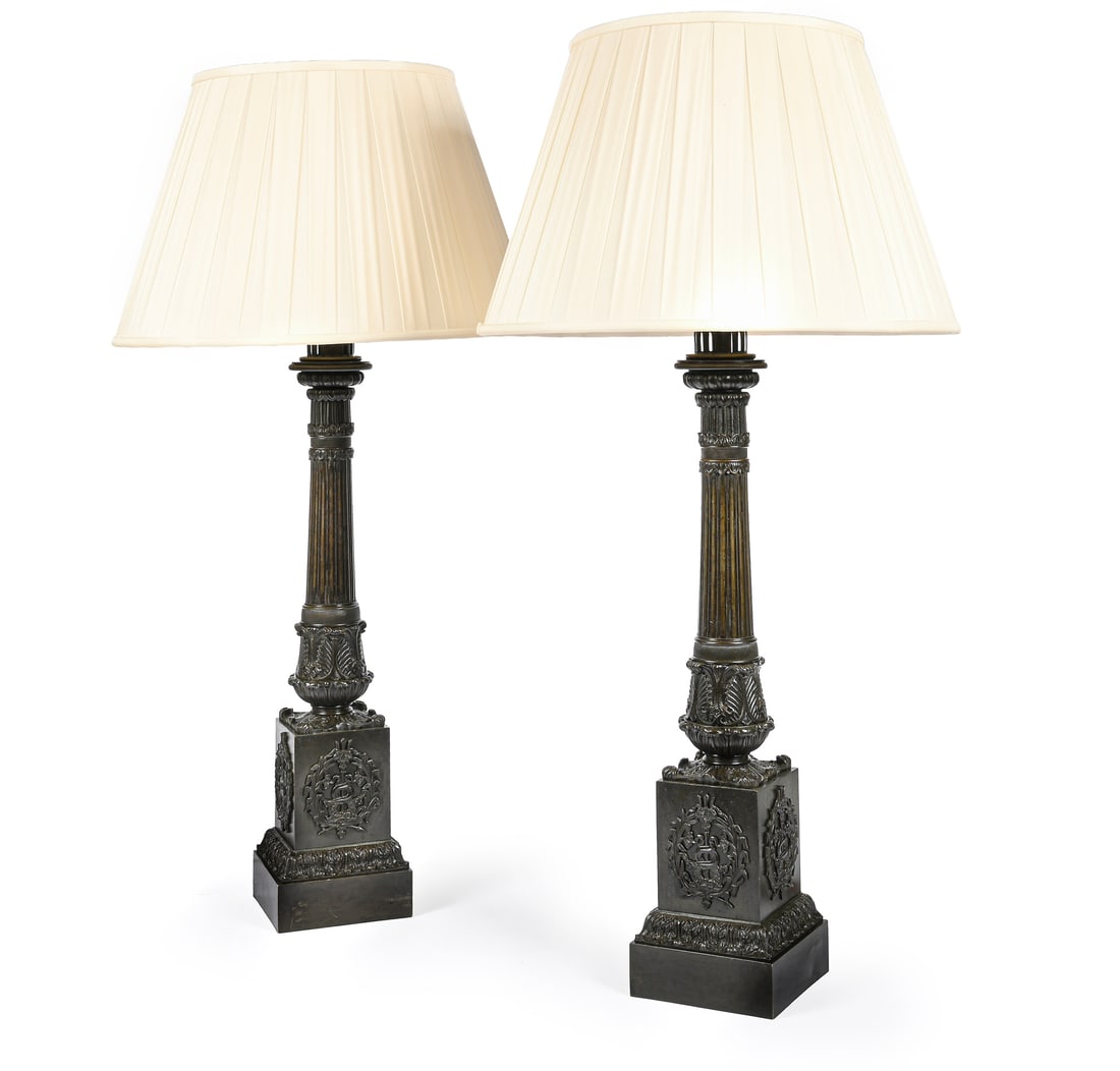 A LARGE PAIR OF GEORGE IV BRONZE COLUMN BASE TABLE LIGHTS, CIRCA 1830 (1 of 3)