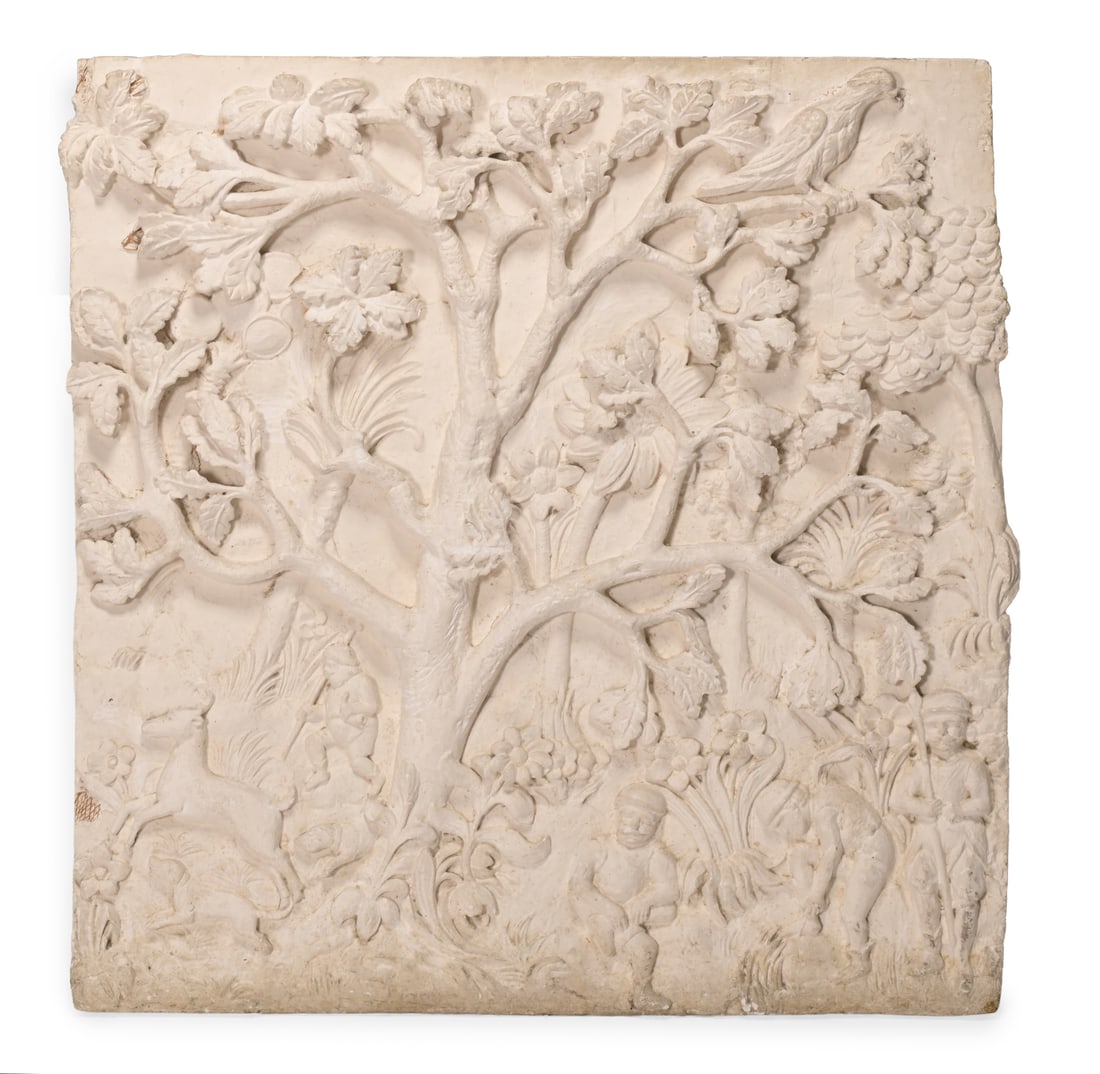 A PLASTER RELIEF PANEL OF A HUNTING OR FOREST SCENE, 20TH CENTURY (1 of 3)