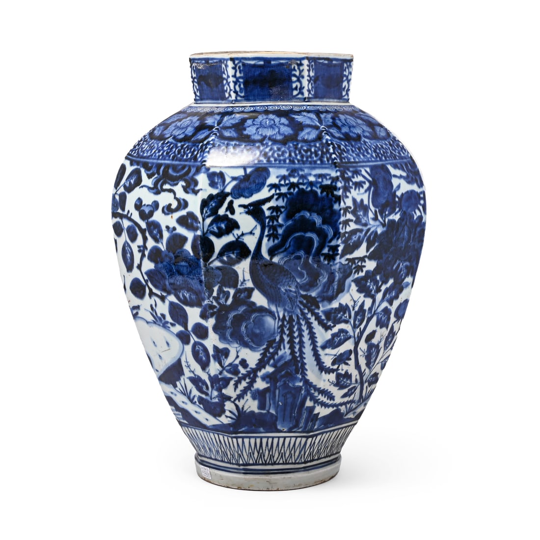 A JAPANESE BLUE AND WHITE OCTAGONAL ARITA VASE, EDO PERIOD, LATE 17TH CENTURY: A JAPANESE BLUE AND WHITE OCTAGONAL ARITA VASEEDO PERIOD, LATE 17TH CENTURY56cm high, the rim 22.5cm diameter