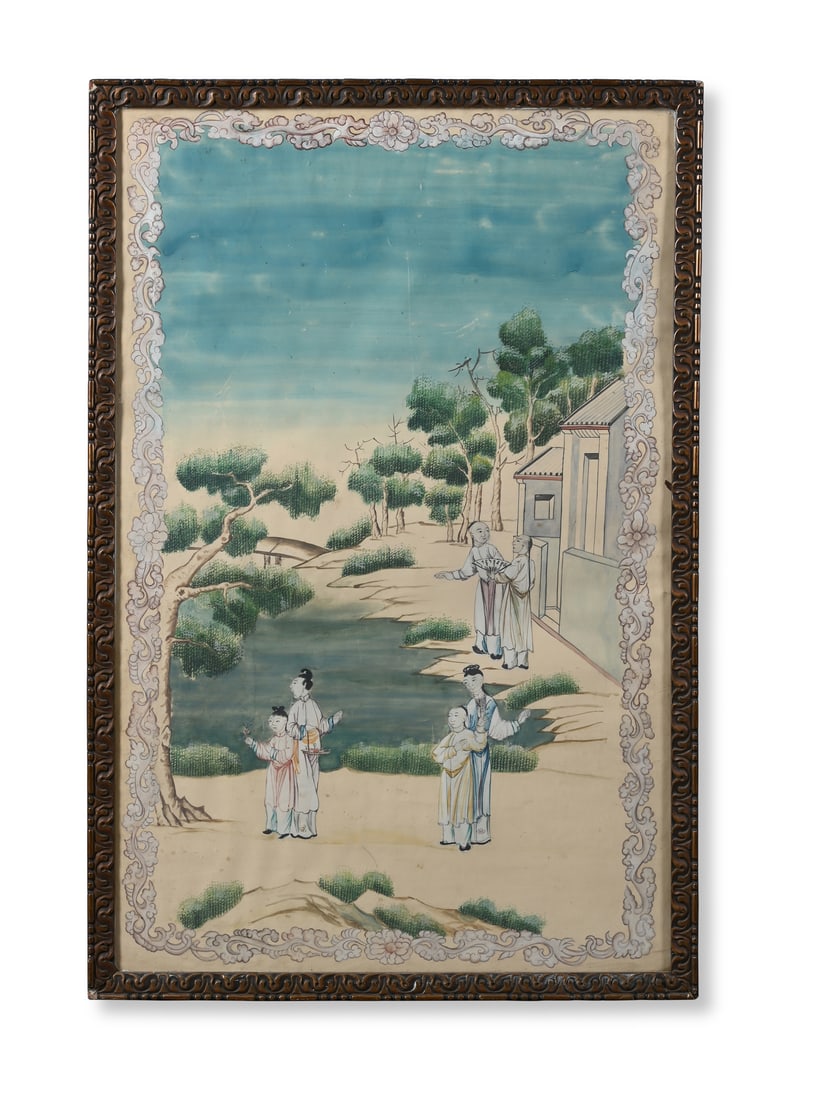 A SET OF FOUR CHINESE EXPORT WALLPAPER PAINTINGS, 19TH CENTURY: A SET OF FOUR CHINESEEXPORT WALLPAPER PAINTINGS19TH CENTURYInk and colour on paper, each variously depictingcharacters in a garden landscape within scrolling foliate borders, framed andglazedpicture s