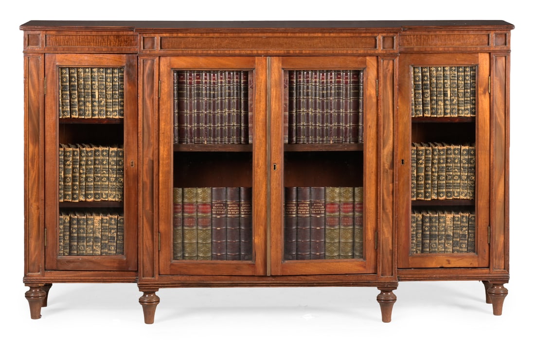 A REGENCY MAHOGANY AND FIDDLEBACK MAHOGANY BREAKFRONT BOOKCASE, CIRCA 1815 (1 of 3)