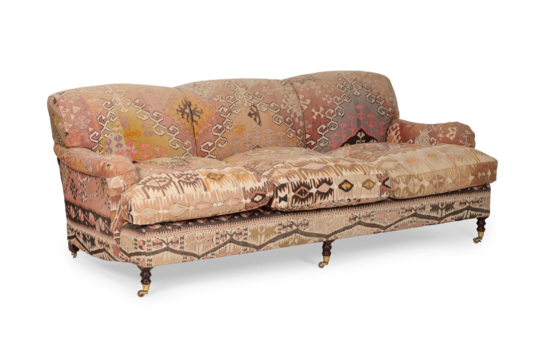 A BEECH AND KILIM UPHOLSTERED THREE SEAT SOFA, BY GEORGE SMITH, CONTEMPORARY (1 of 4)