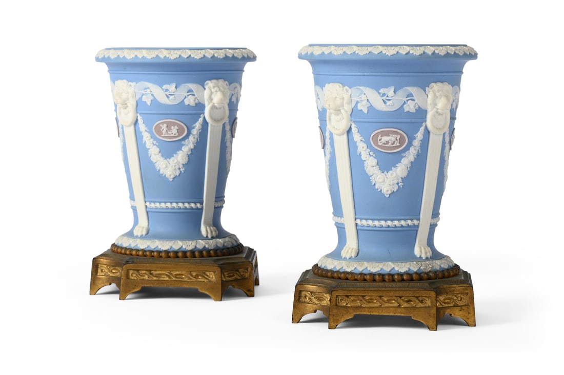 A PAIR OF WEDGWOOD PALE BLUE JASPER AND GILT BRONZE MOUNTED VASES, DATE STAMPED 1867 (1 of 3)
