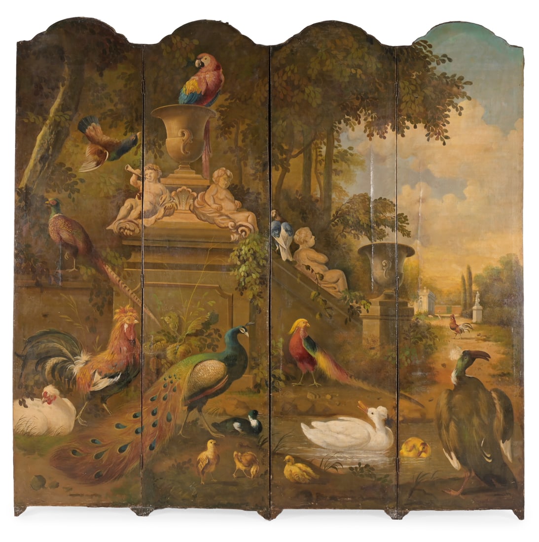 A PAINTED OIL ON CANVAS AND OAK FOUR FOLD ROOM SCREEN, LATE 19TH CENTURY: A PAINTED OIL ON CANVAS AND OAK FOUR FOLD ROOM SCREENIN THE MANNER OF MELCHIOR D'HONDECOETER, LATE 19TH CENTURYSigned Goterum and dated 1870 to the bottom right of one panel200cm high, 202cm wide, 2.5