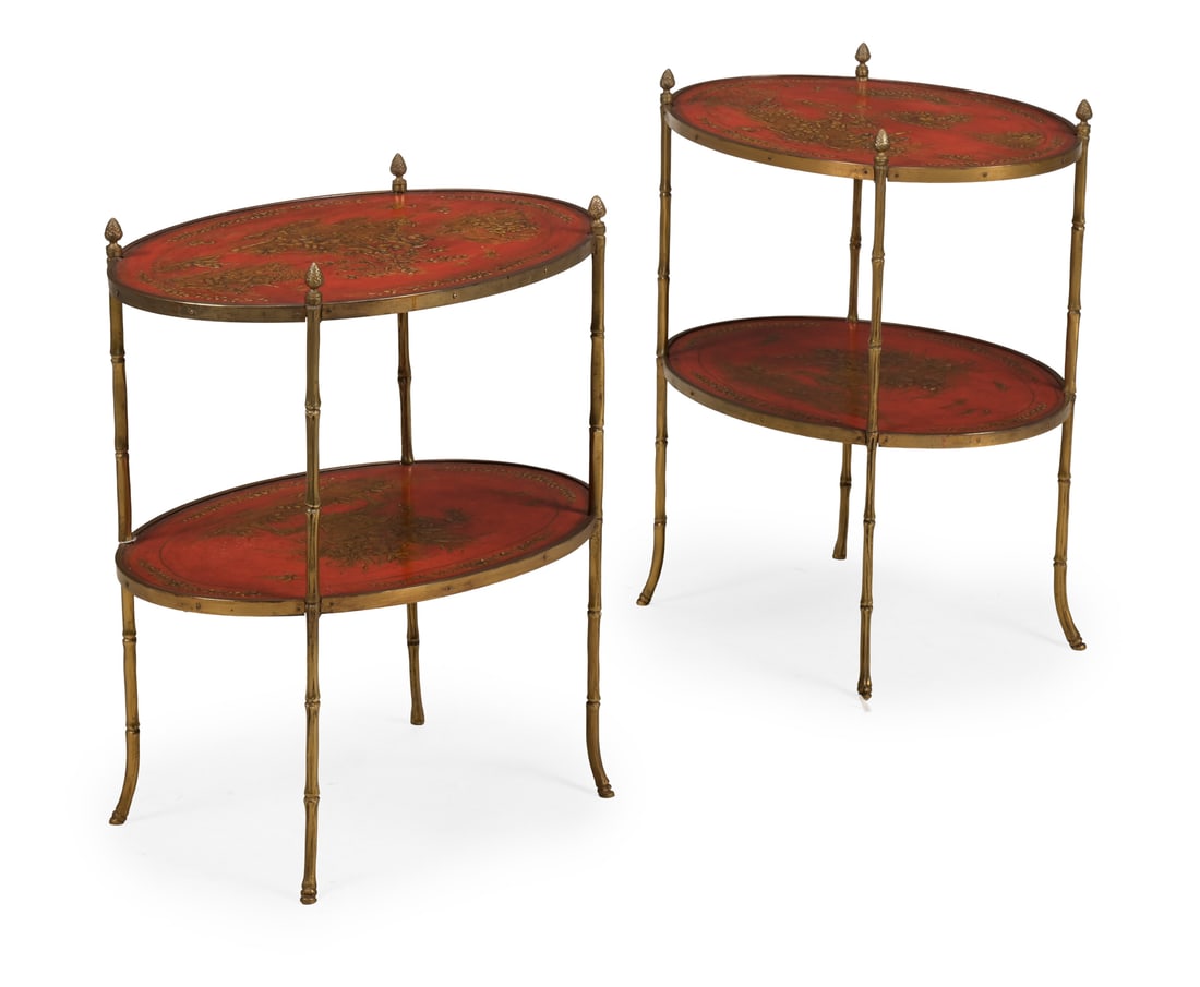 A PAIR OF GILT BRASS, RED LACQUER AND GILT CHINOISERIE TWO TIER ETAGERES, 20TH CENTURY: A PAIR OF GILT BRASS, RED LACQUER AND GILT CHINOISERIE TWO TIER ETAGERESIN THE MANNER OF MALLETT ANTIQUES, 20TH CENTURYWith simulated bamboo brass legs61.5cm high, 53cm wide, 38.5cm deep