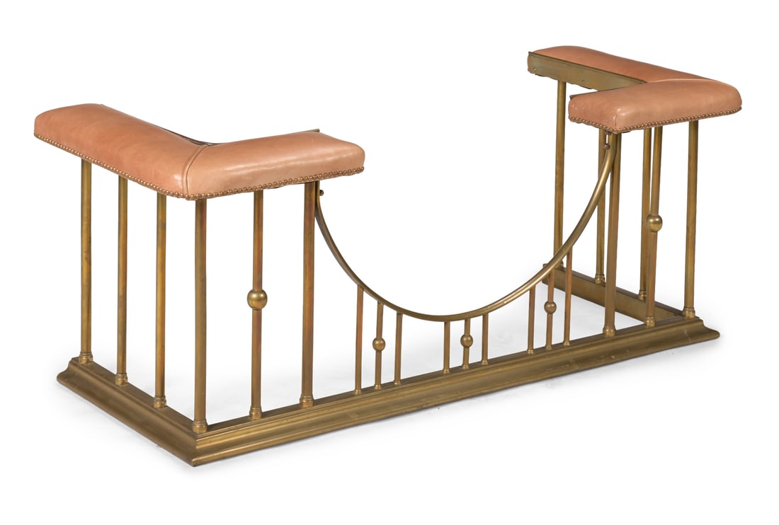 A BRASS AND SUEDE UPHOLSTERED CLUB FENDER, 20TH CENTURY (1 of 2)