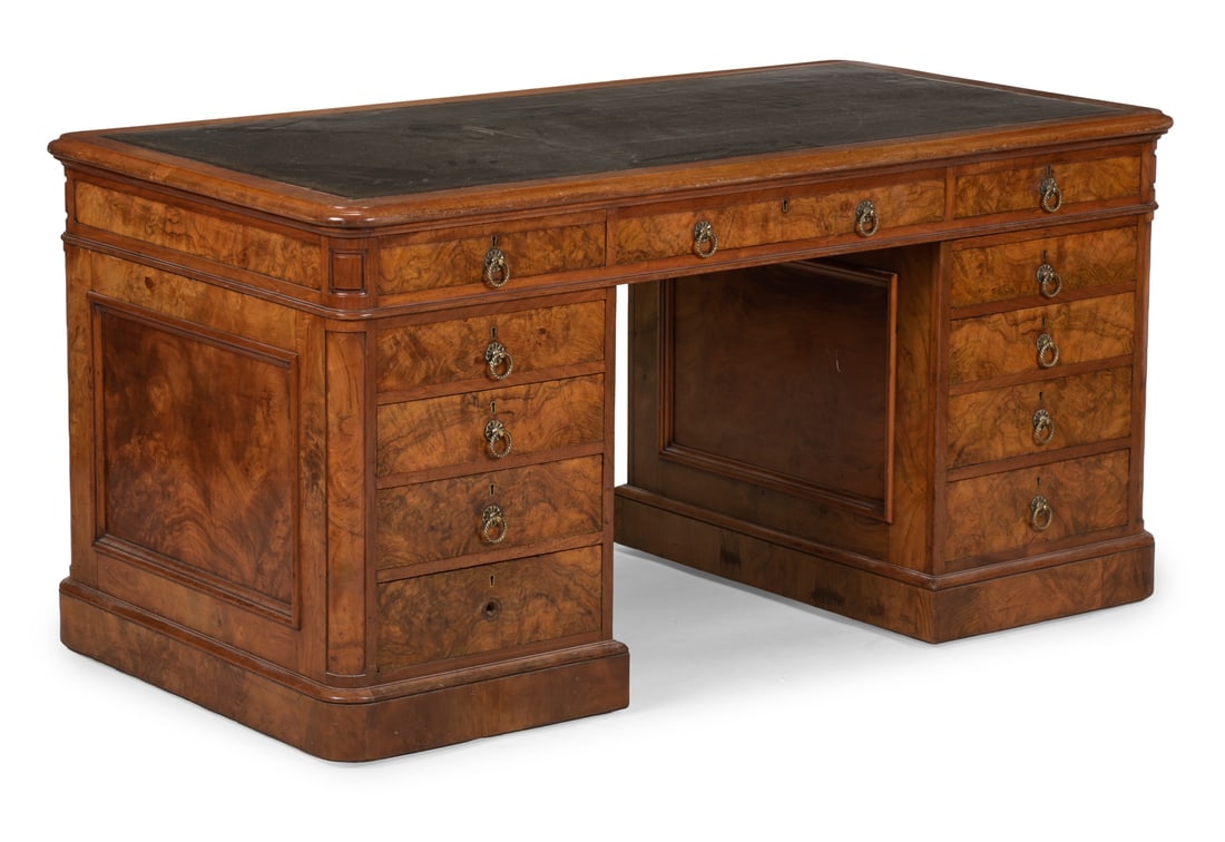 A VICTORIAN FIGURED WALNUT TWIN PEDESTAL DESK, ATTRIBUTED TO HOLLAND & SONS, CIRCA 1850 (1 of 3)