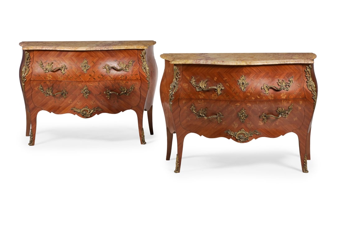 Y A PAIR OF KINGWOOD, TULIPWOOD AND MARQUETRY COMMODES, SECOND HALF 20TH CENTURY (1 of 3)