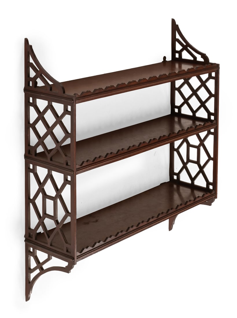 A FLIGHT OF GEORGE III MAHOGANY 'CHINESE CHIPPENDALE' FRETWORK HANGING SHELVES, CIRCA 1780 (1 of 1)