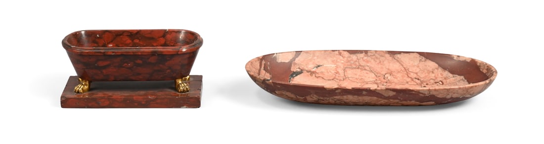 A GRAND TOUR ROUGE GRIOTTE MARBLE BATH OR LABRUM, ITALIAN, 19TH CENTURY: A GRAND TOUR ROUGE GRIOTTE MARBLE BATH OR LABRUMITALIAN, 19TH CENTURYSet on gilt bronze paw feet, on a plinth base 16cm high, 8cm wideTOGETHER WITH A VARIEGATED RED MARBLE TRAY30cm wide