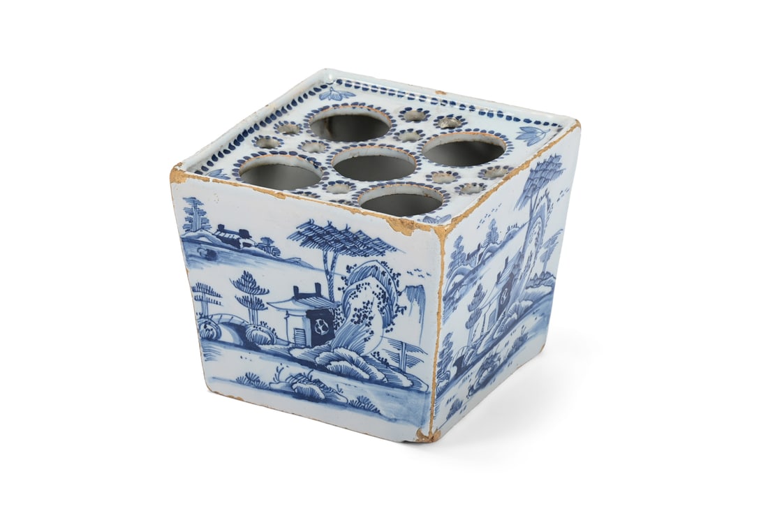 AN ENGLISH DELFT BLUE AND WHITE SQUARE FLOWER BRICK, PROBABLY LONDON, CIRCA 1760 (1 of 5)