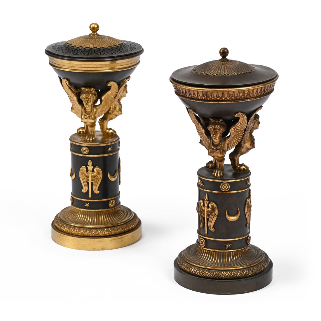 A NEAR PAIR OF REGENCY ORMOLU AND PATINATED BRONZE PERFUME BURNERS AND COVERS, CIRCA 1810-20 (1 of 4)
