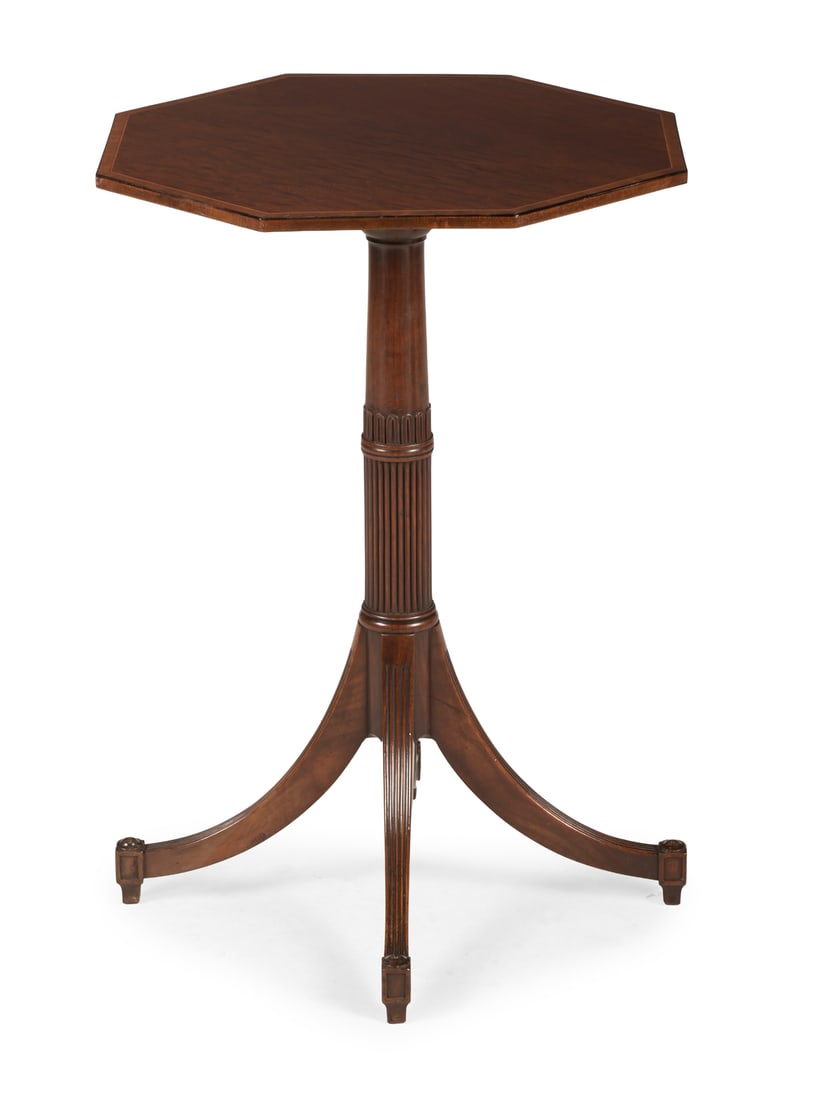 A FUSTIC MAHOGANY AND CROSSBANDED OCTAGONAL OCCASIONAL TABLE, FIRST HALF 19TH CENTURY: A FUSTIC MAHOGANY AND CROSSBANDED OCTAGONAL OCCASIONAL TABLEFIRST HALF 19TH CENTURY70.5cm high, 52.5cm diameter