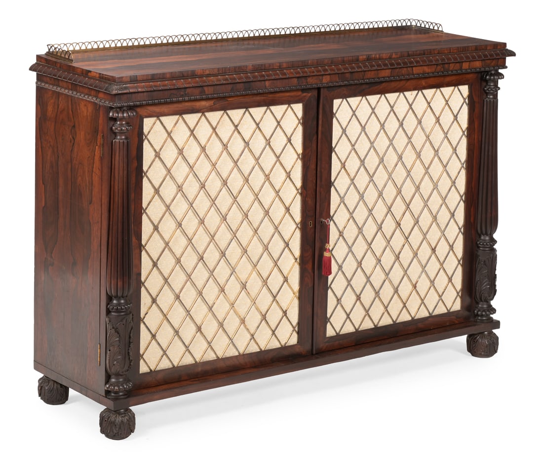 Y A GEORGE IV CARVED ROSEWOOD SIDE CABINET, BY GILLOWS, CIRCA 1830 (1 of 3)