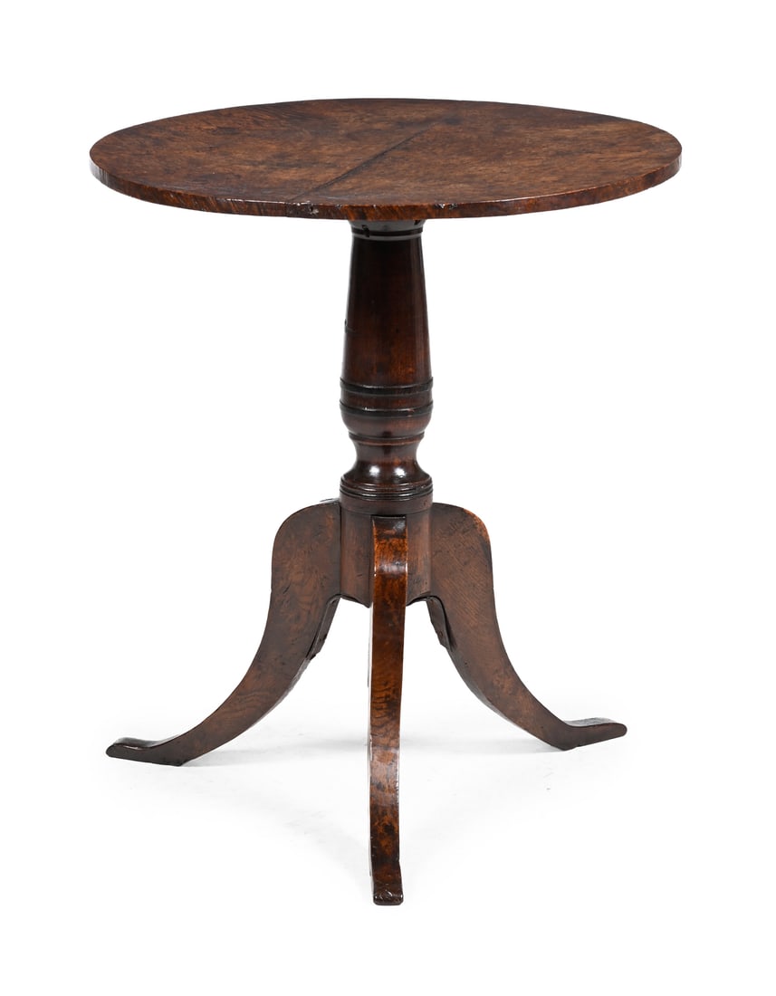 A GEORGE IV BURR OAK TRIPOD TABLE, CIRCA 1830: A GEORGE IV BURR OAK TRIPOD TABLE CIRCA 183072cm high, 63.5cm diameter
